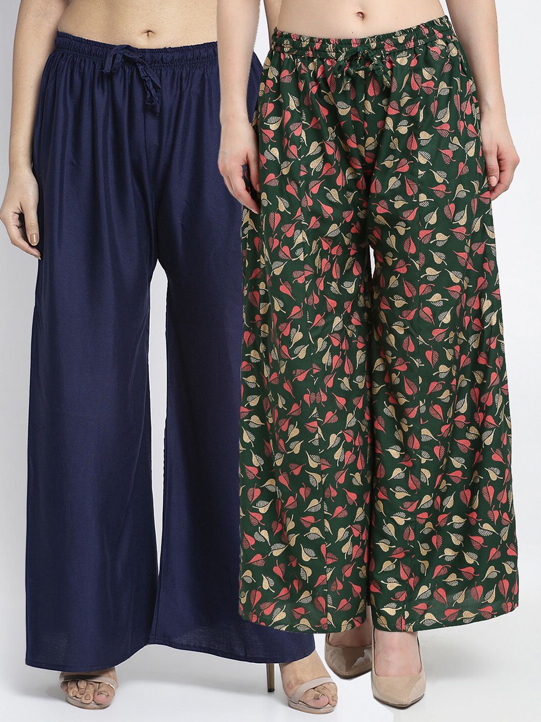 GRACIT Women Navy Blue & Green Pack of 2 Printed Flared Knitted Ethnic Palazzos Price in India