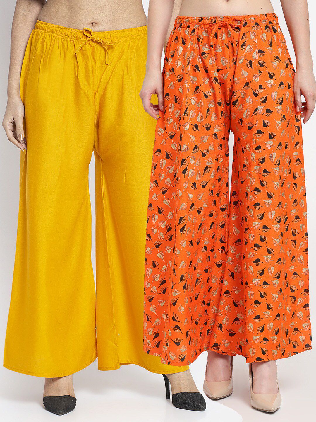 GRACIT Women Pack Of 2 Yellow & Orange Floral Printed & Solid Knitted Ethnic Palazzos Price in India