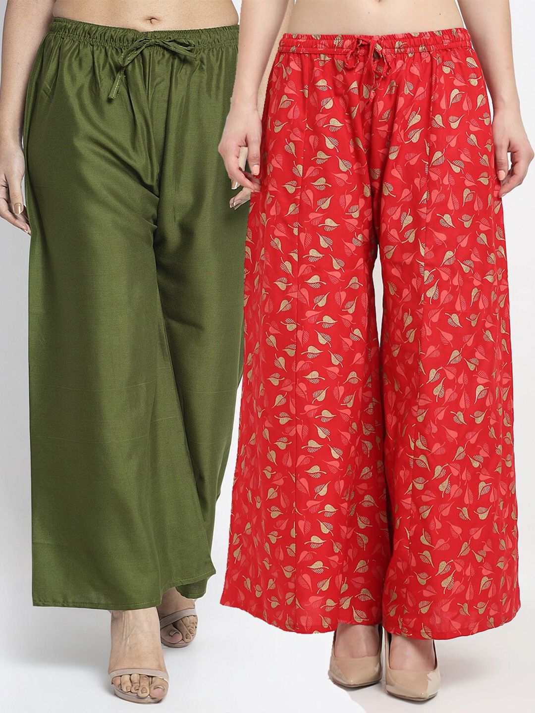 GRACIT Women Pack of 2 Green & Red Floral Printed Flared Palazzos Price in India