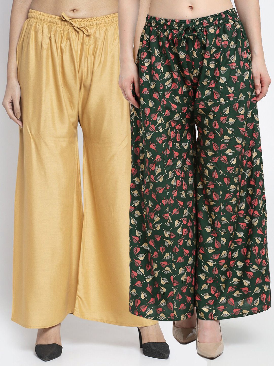 GRACIT Women Pack of 2 Beige & Green Floral Printed Flared Palazzos Price in India