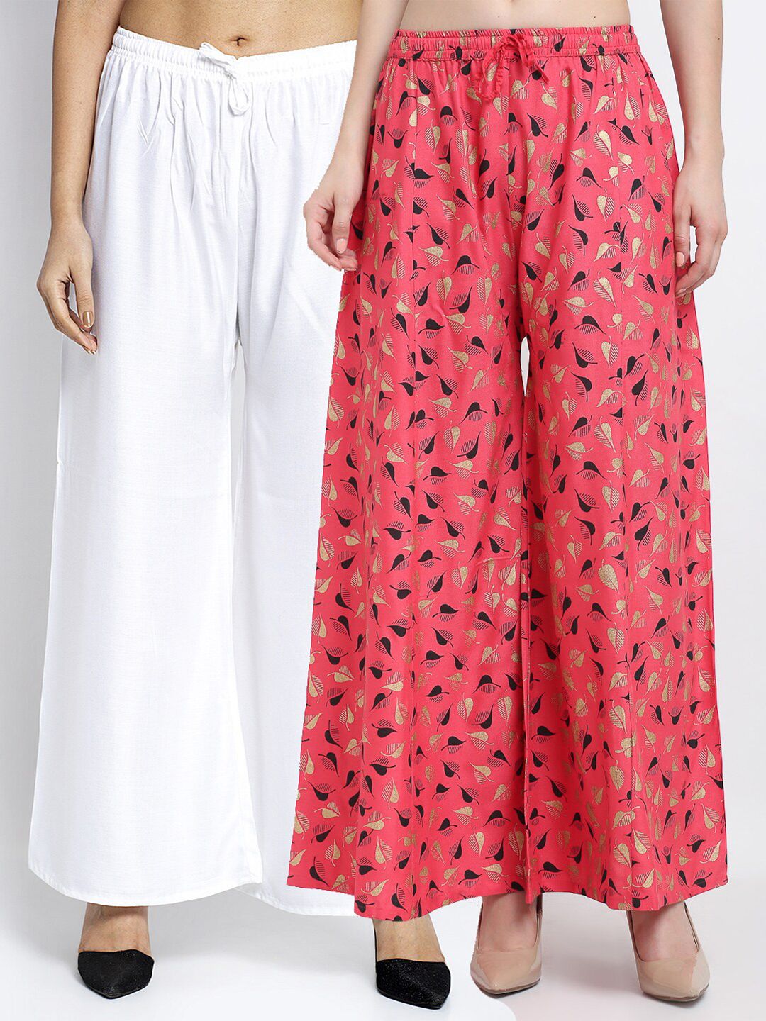 GRACIT Women Pack Of 2 White & Pink Printed Flared Palazzos Price in India