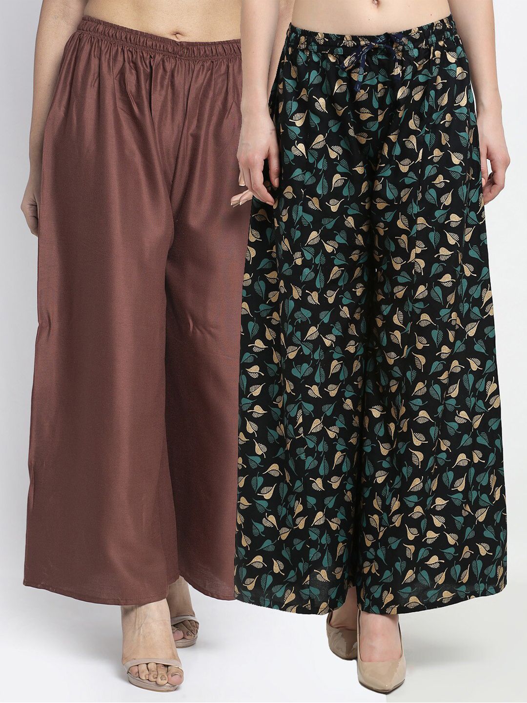 GRACIT Women Pack Of 2 Brown & Black Floral Printed Knitted Ethnic Palazzos Price in India