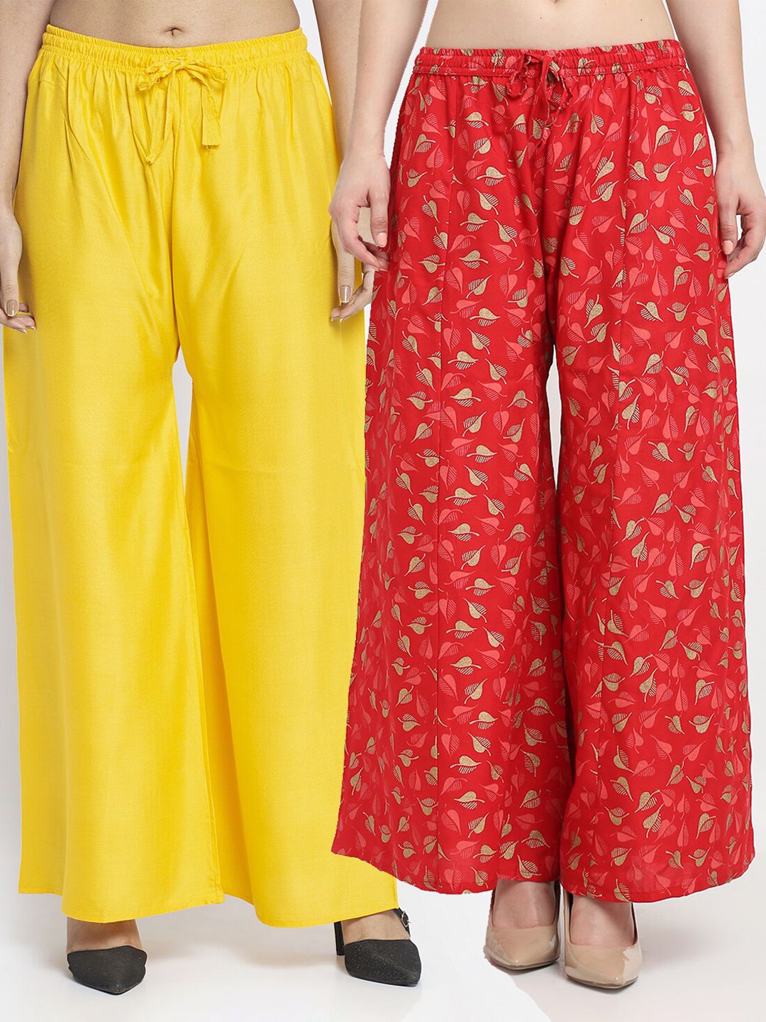 GRACIT Pack Of 2 Women Yellow & Red Floral Printed Knitted Ethnic Palazzos Price in India