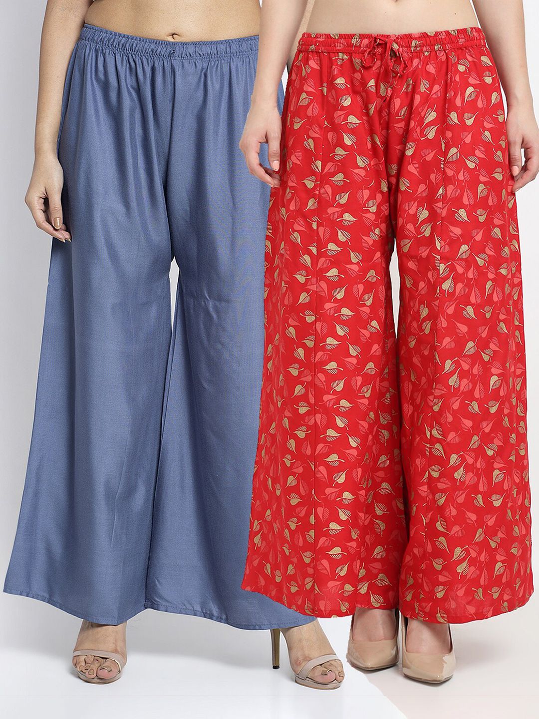 GRACIT Women Pack Of 2 Grey & Red Floral & Solid Printed Knitted Ethnic Palazzos Price in India