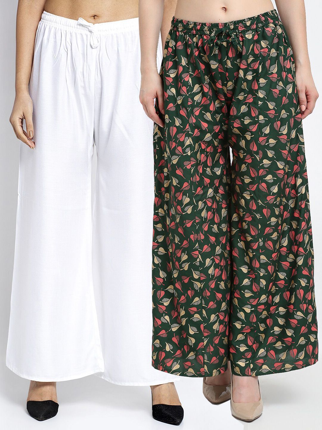 GRACIT Women White & Green Pack of 2 Printed Flared Knitted Ethnic Palazzos Price in India