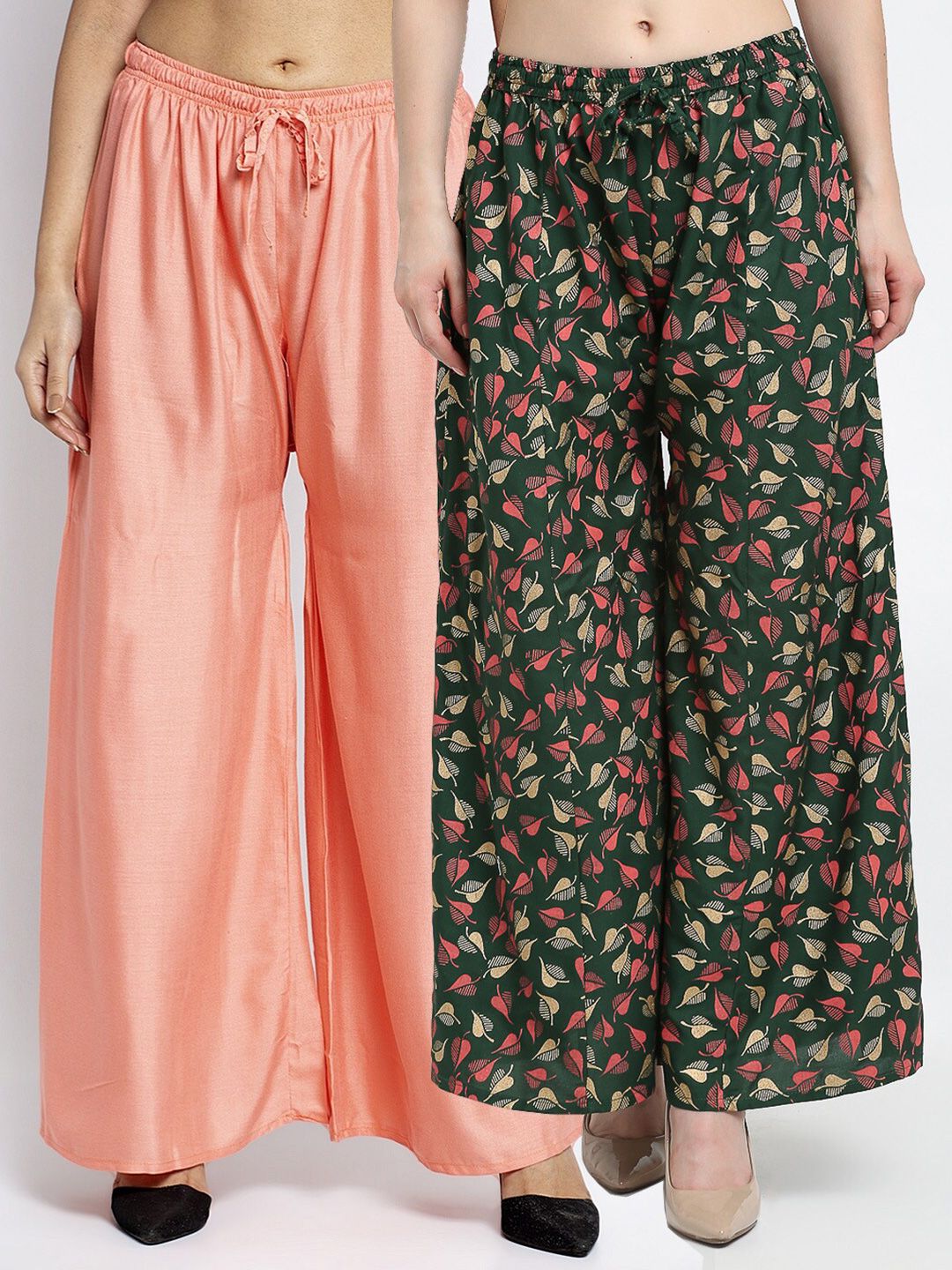 GRACIT Women Pack Of 2 Peach & Green Printed Flared Palazzos Price in India