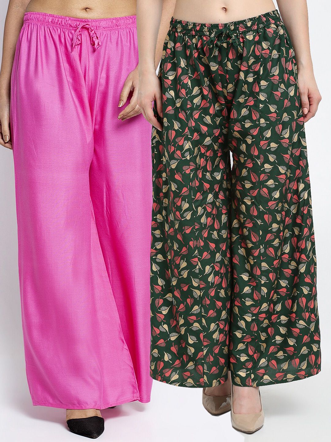 GRACIT Pack-2 Women Pink & Green Floral Printed Knitted Ethnic Palazzos Price in India