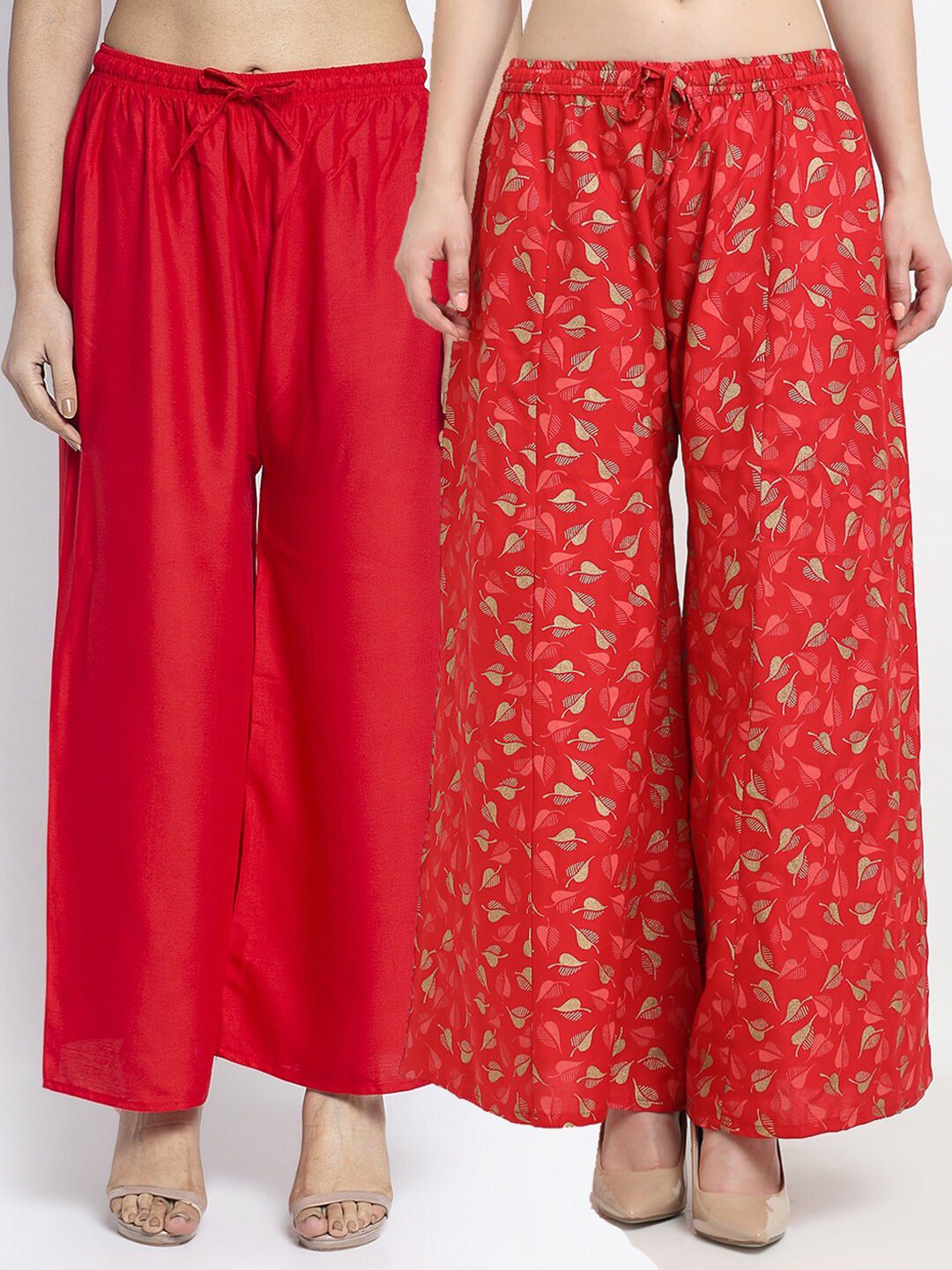 GRACIT Pack Of 2 Women Red & Gold-Toned 2 Floral Printed Knitted Ethnic Palazzos Price in India