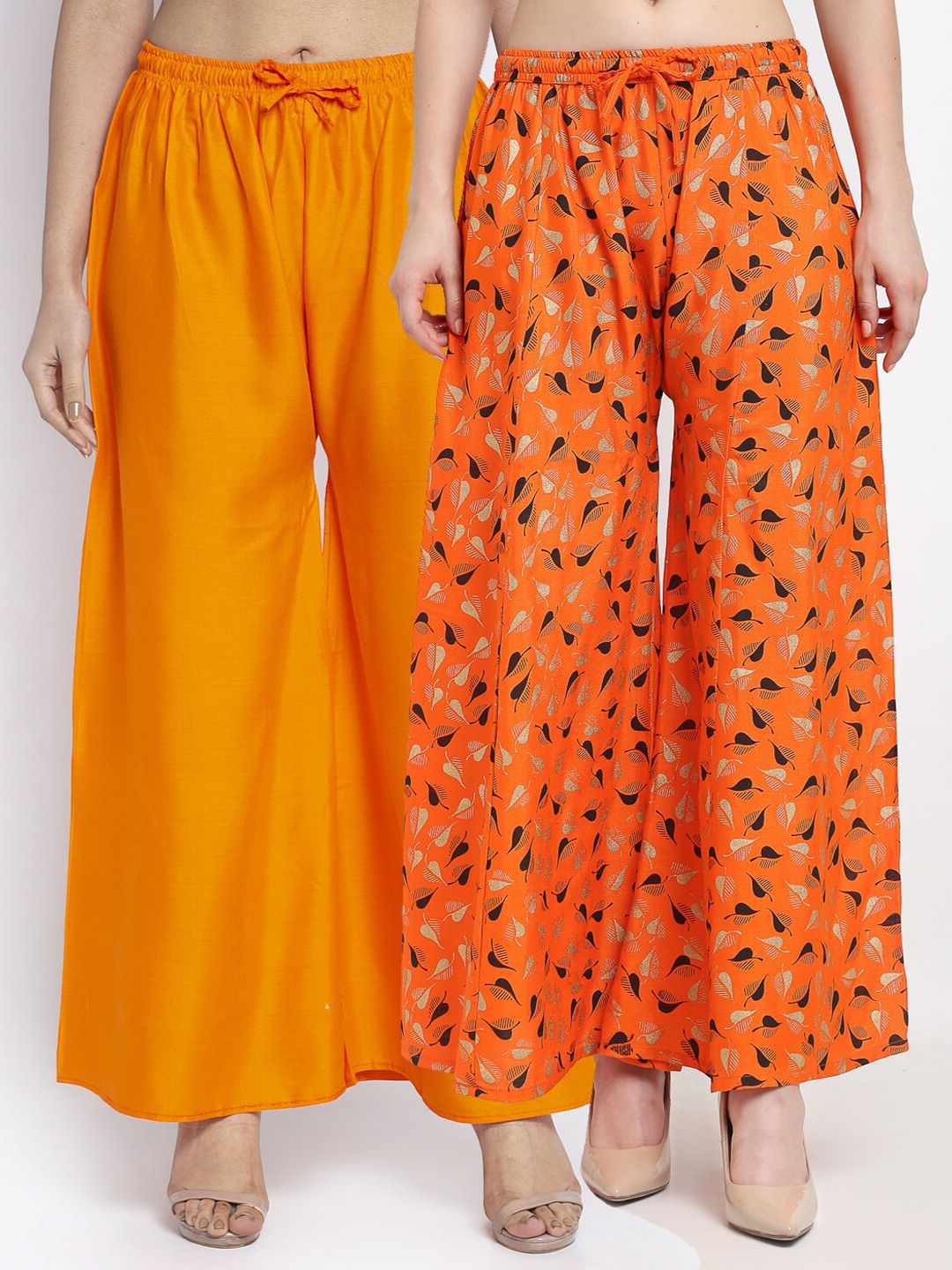 GRACIT Women Orange & Black 2 Floral Printed Knitted Ethnic Palazzos Price in India