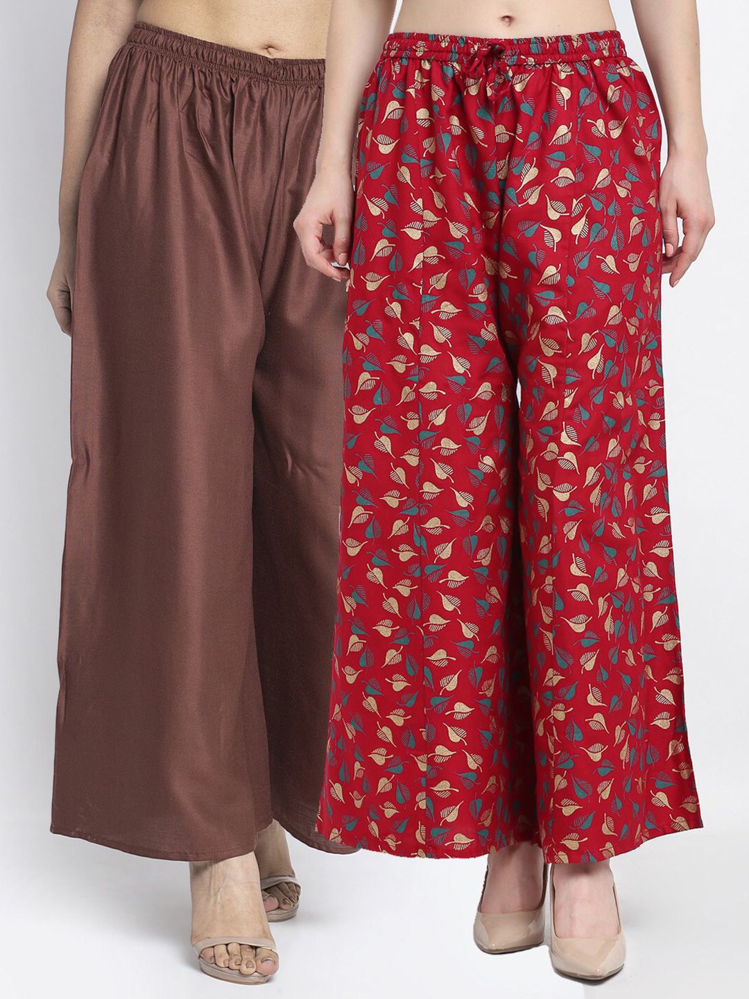 GRACIT Women Pack Of 2 Brown & Maroon Printed & Solid Flared Knitted Ethnic Palazzos Price in India