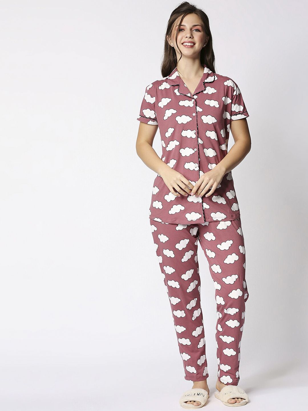 I like me Women Brown Self Design Printed Night Suit Price in India