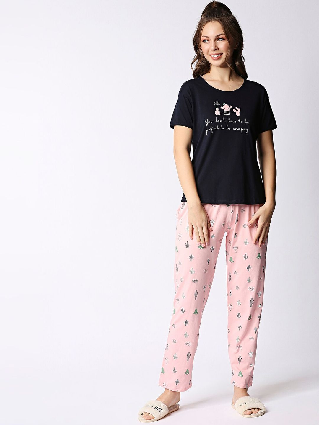 I like me Women Navy Blue & Pink Printed Pure Cotton Night Suit Price in India