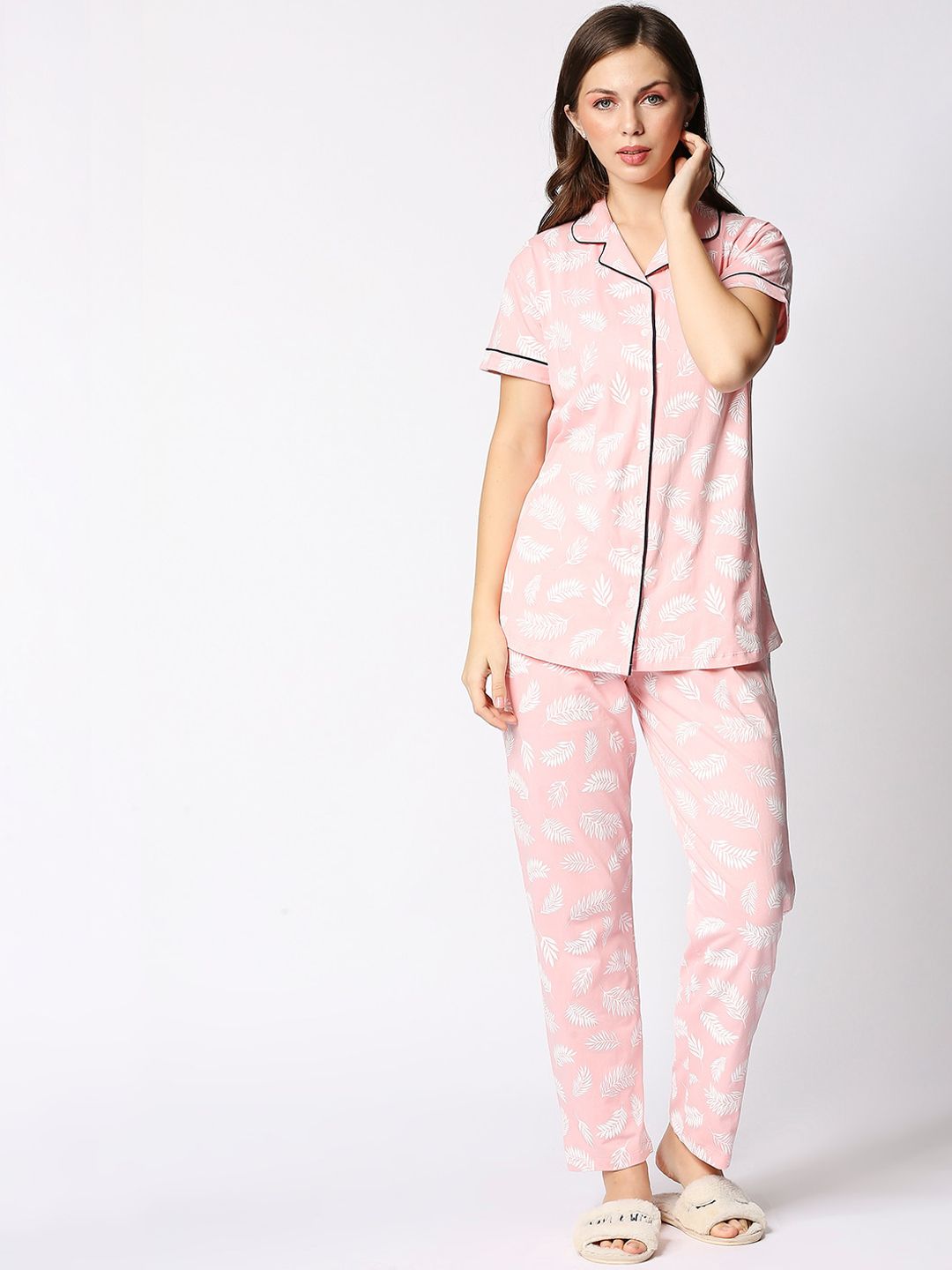 I like me Women Peach Leaf Printed Night suit Price in India