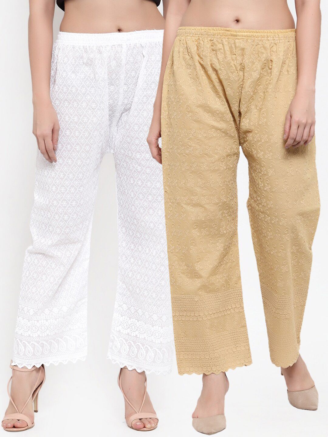 Miaz Lifestyle Women White & Beige Pack of 2 Floral Embroidered Flared Palazzos