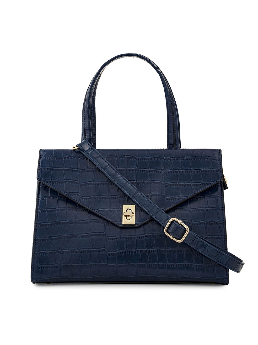 MIRAGGIO Navy Blue Textured Structured Satchel Handbags Price in India