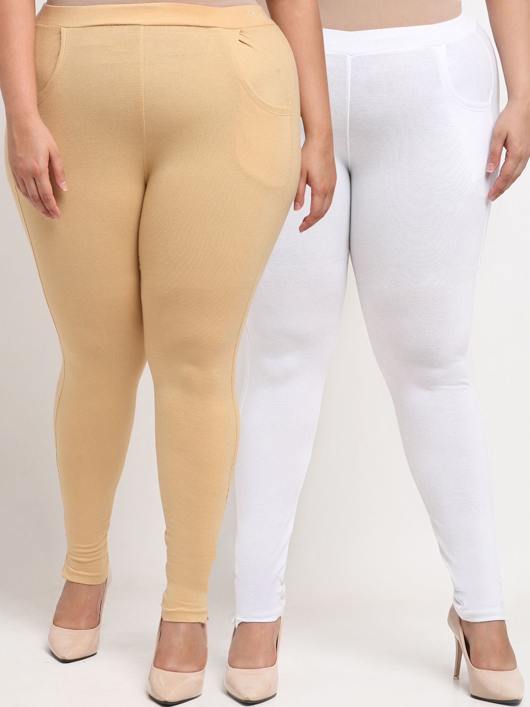 TAG 7 PLUS Women White & Beige Set of 2 Plus Size Leggings Price in India