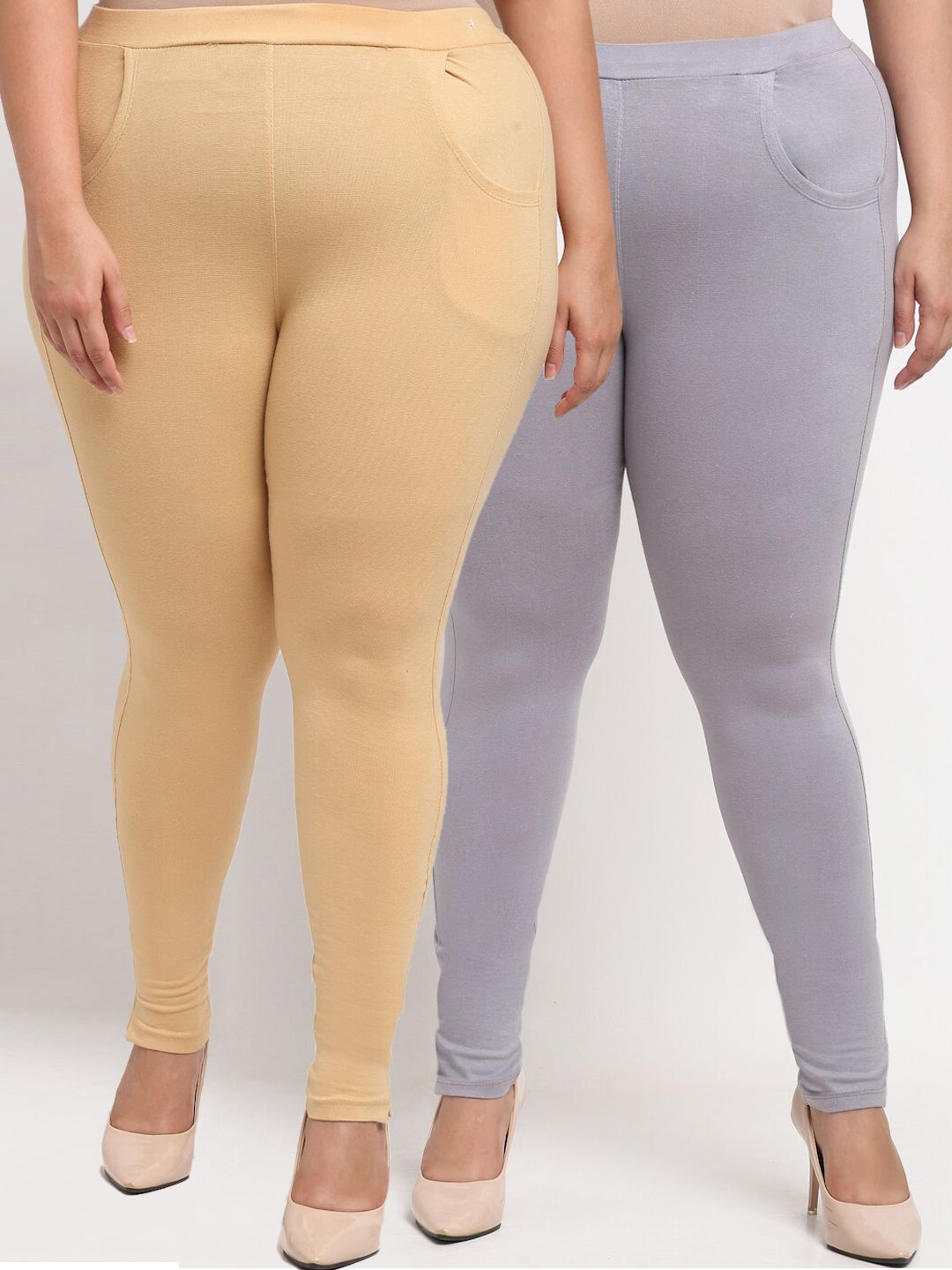 TAG 7 PLUS Women Grey & Yellow Pack of 2 Solid Ankle-Length Leggings Price in India
