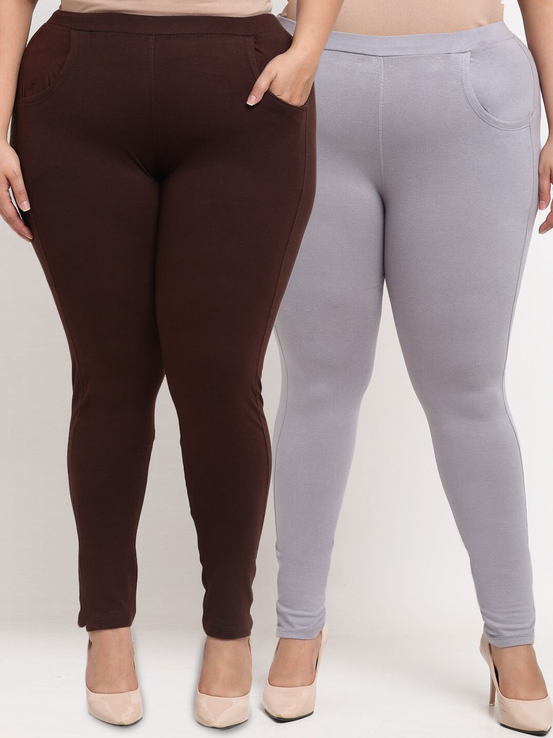 TAG 7 PLUS Women Grey & Brown Set of 2 Plus Size Leggings Price in India