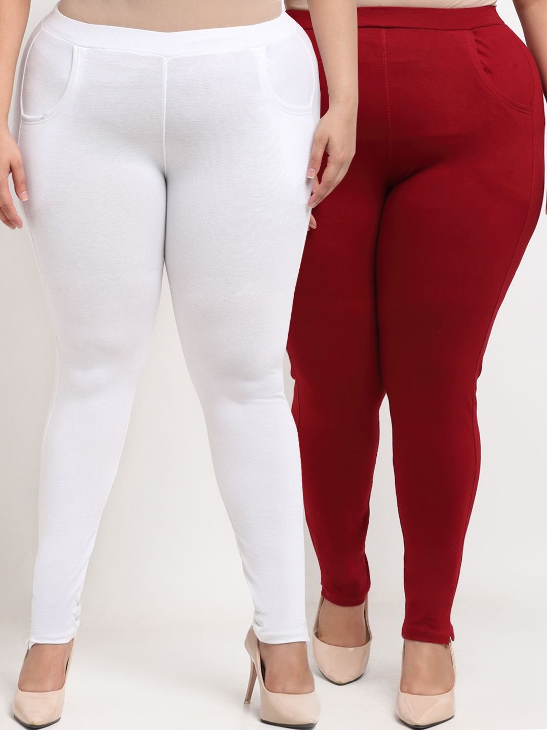 TAG 7 PLUS Women White & Maroon Set of 2 Plus Size Leggings Price in India