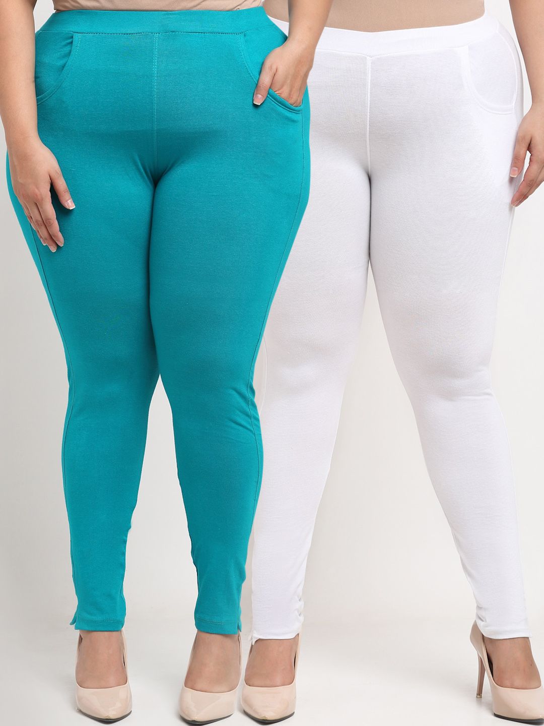 TAG 7 PLUS Women Blue & White Set of 2 Plus Size Leggings Price in India