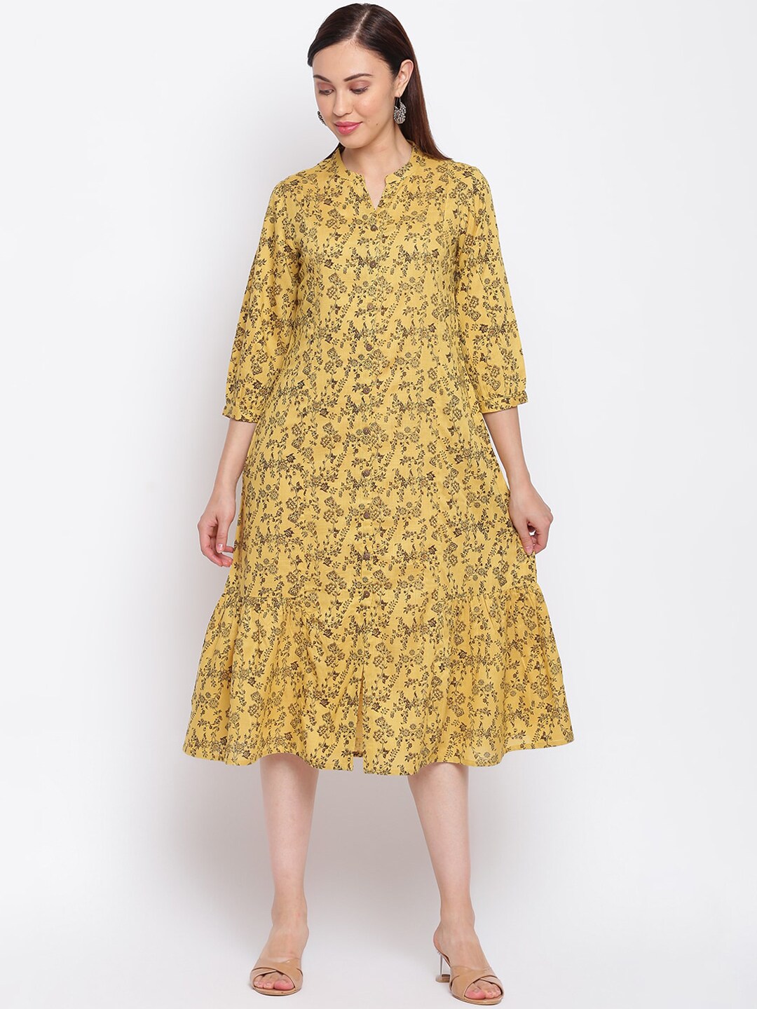 IMARA Yellow Floral Liva Ethnic A-Line Midi Dress Price in India