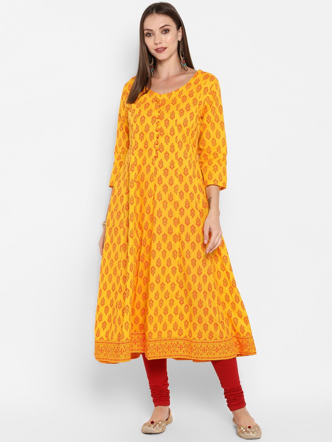 ZOEYAMS Women Yellow Cotton Block Print Anarkali Kurta Price in India