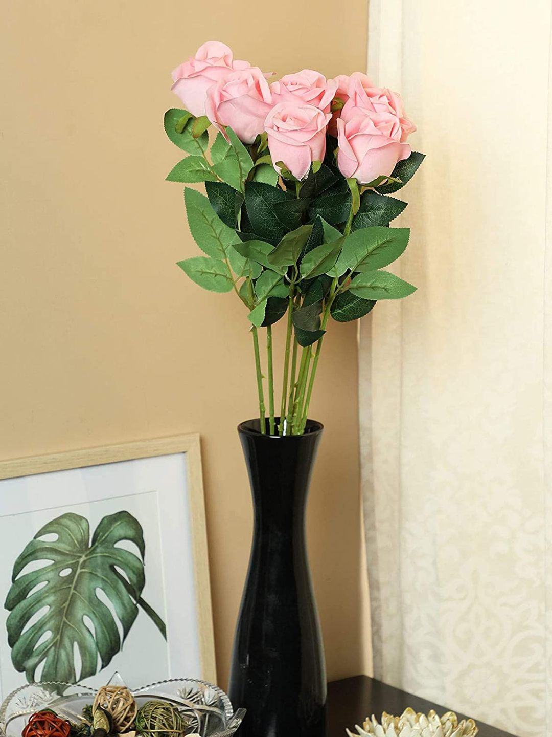PolliNation Set Of 7 Pink & Green Artificial Rose Flowers Price in India