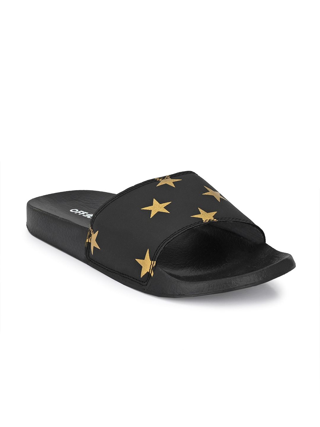 OFF LIMITS Women Black & Gold-Toned Printed Sliders Price in India