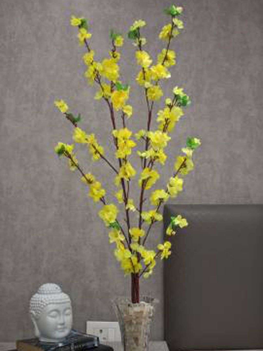 PolliNation Set Of 2 Yellow & Green Artificial Peach Blossom Bunch Without Pot Price in India