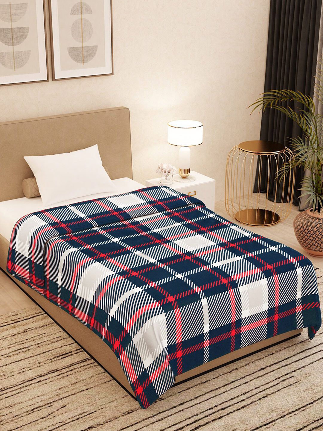 Story@home Navy Blue & White Checked AC Room 300 GSM Single Bed Blanket Price in India