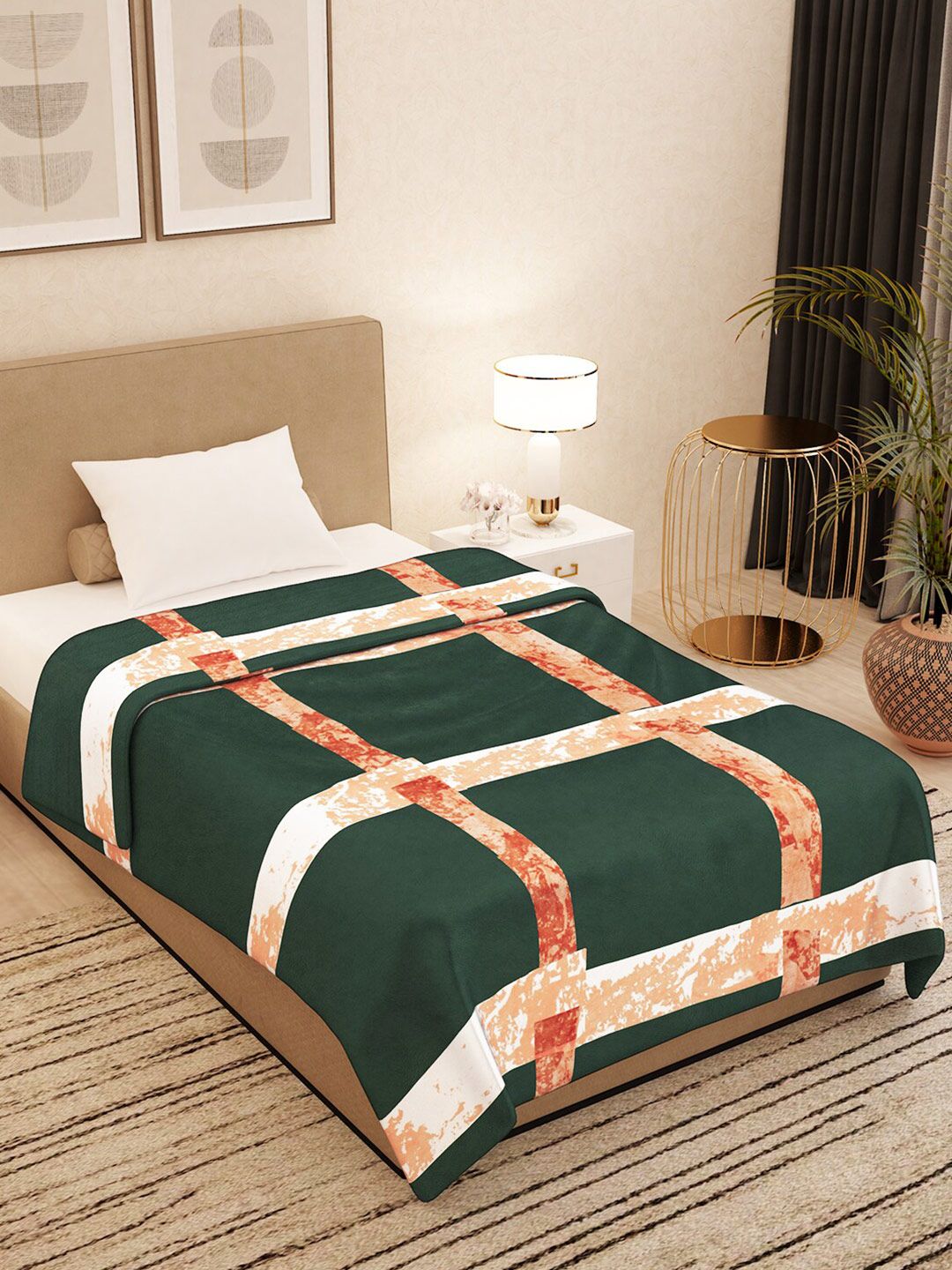 Story@home Green & Beige Checked AC Room 300 GSM Single Bed Blanket Price in India