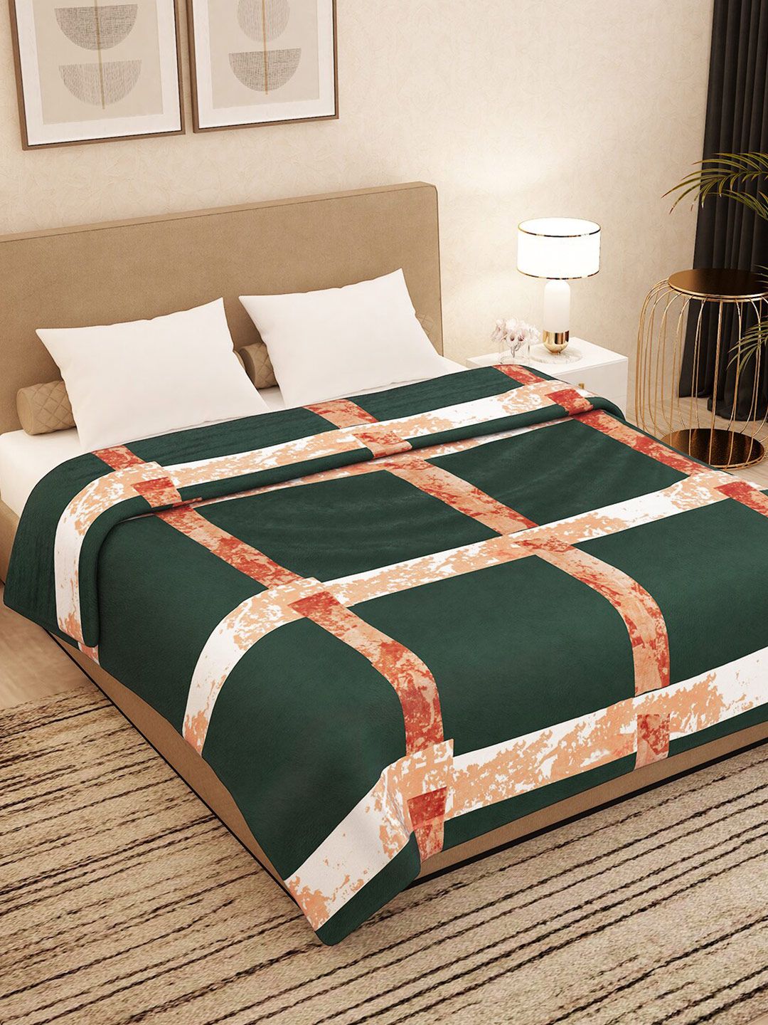 Story@home Green & Peach-Coloured Checked AC Room 300 GSM Double Bed Blanket Price in India
