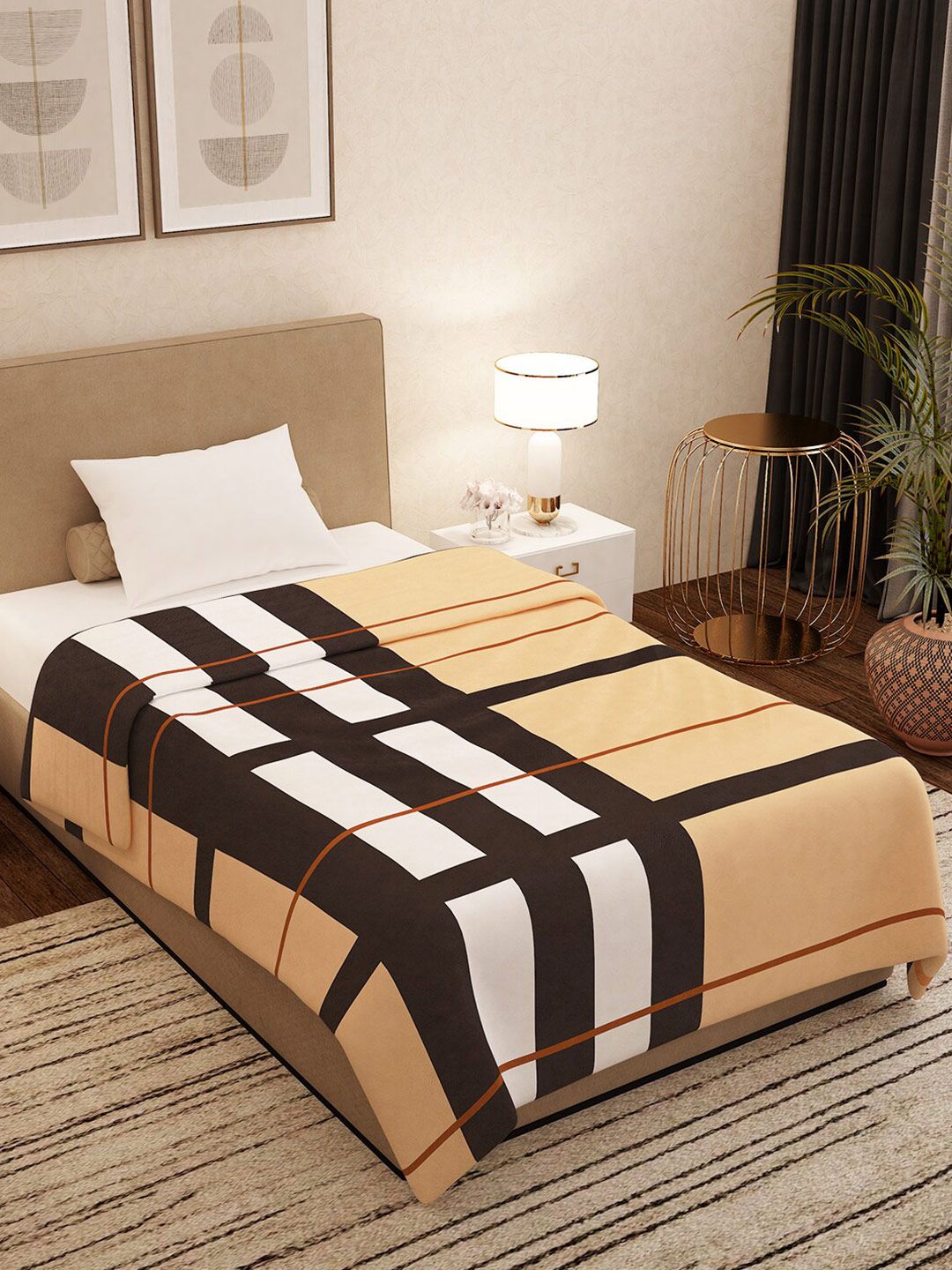 Story@home Beige & White Checked AC Room 300 GSM Single Bed Blanket Price in India