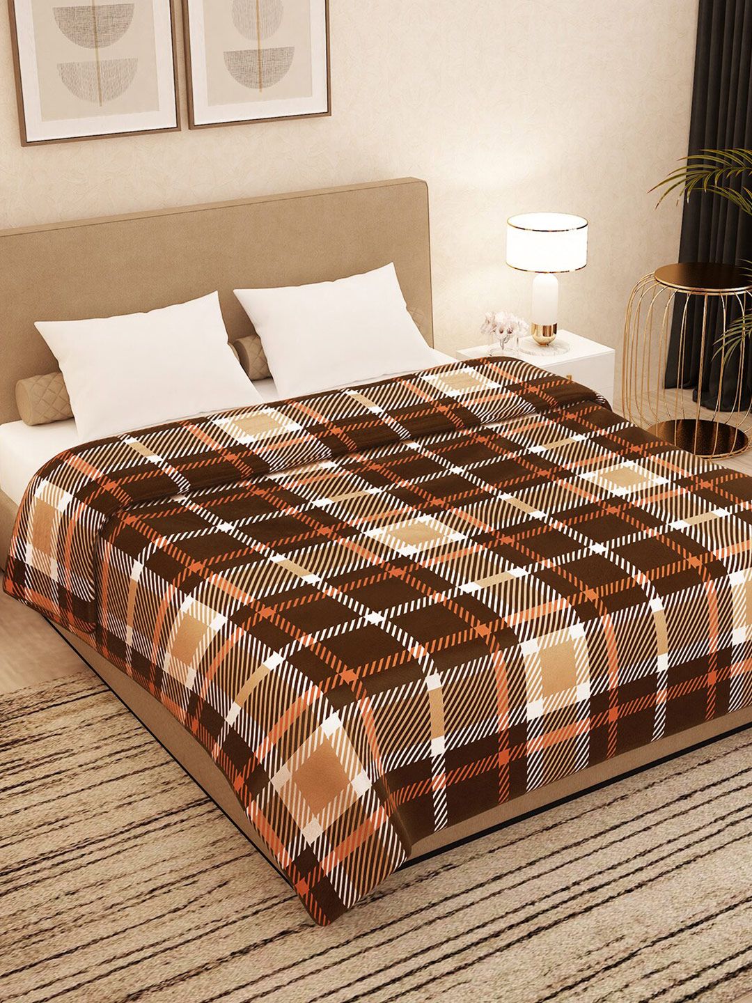 Story@home Brown & White Checked AC Room 300 GSM Double Bed Blanket Price in India