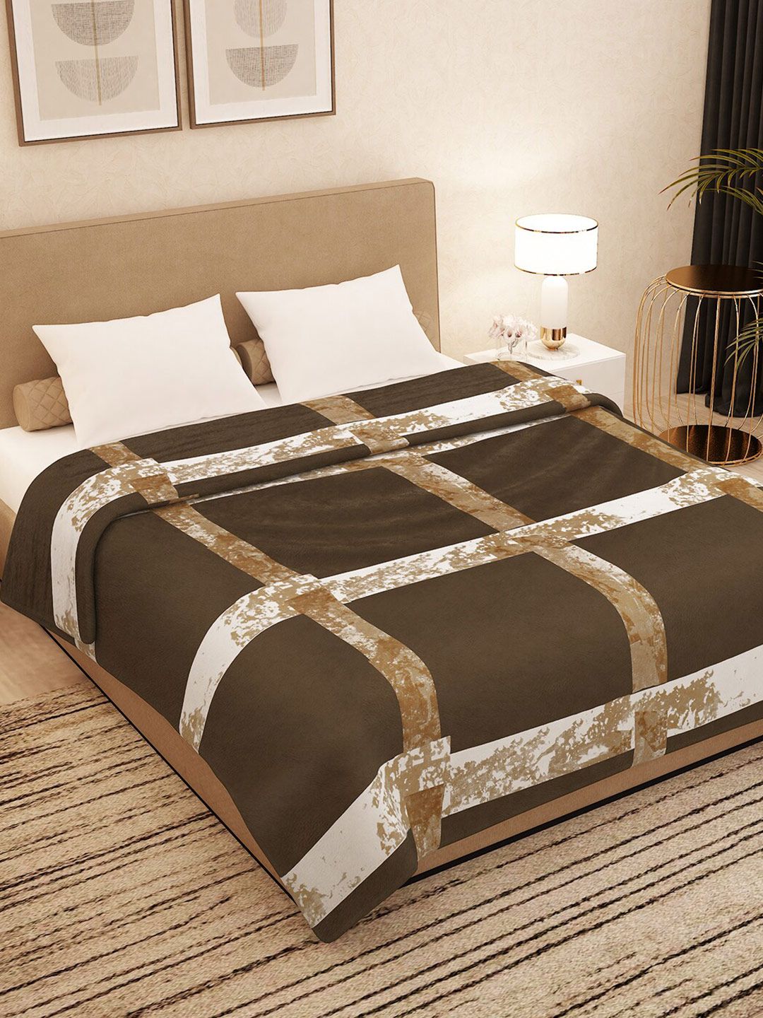 Story@home Brown & White Checked AC Room 300 GSM Double Bed Blanket Price in India