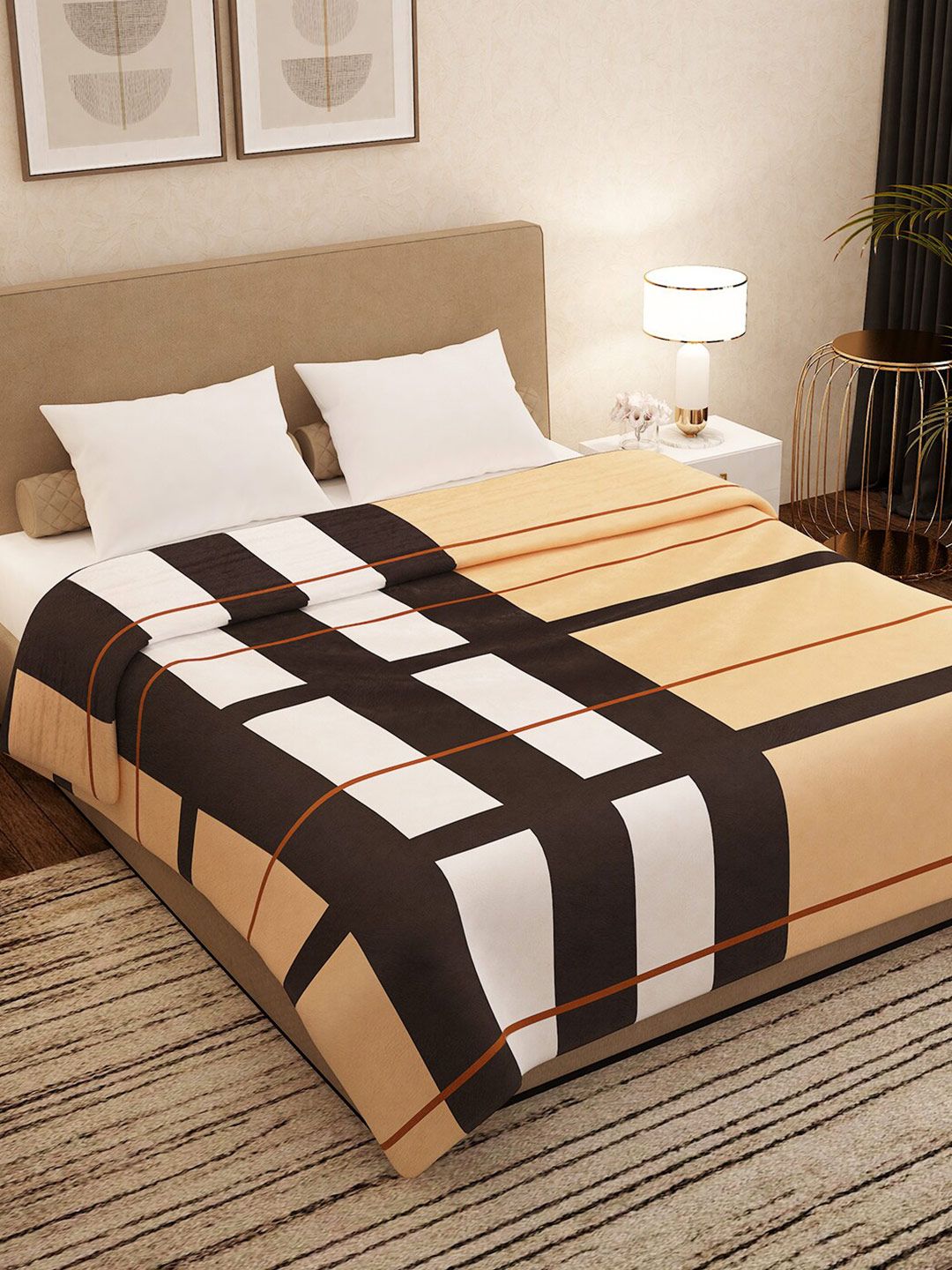 Story@home Beige & White Checked AC Room 300 GSM Double Bed Blanket Price in India