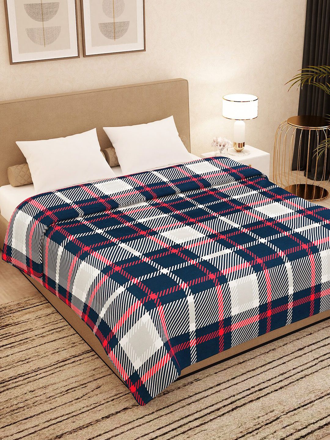 Story@home Blue & White Checked AC Room 300 GSM Double Bed Blanket Price in India