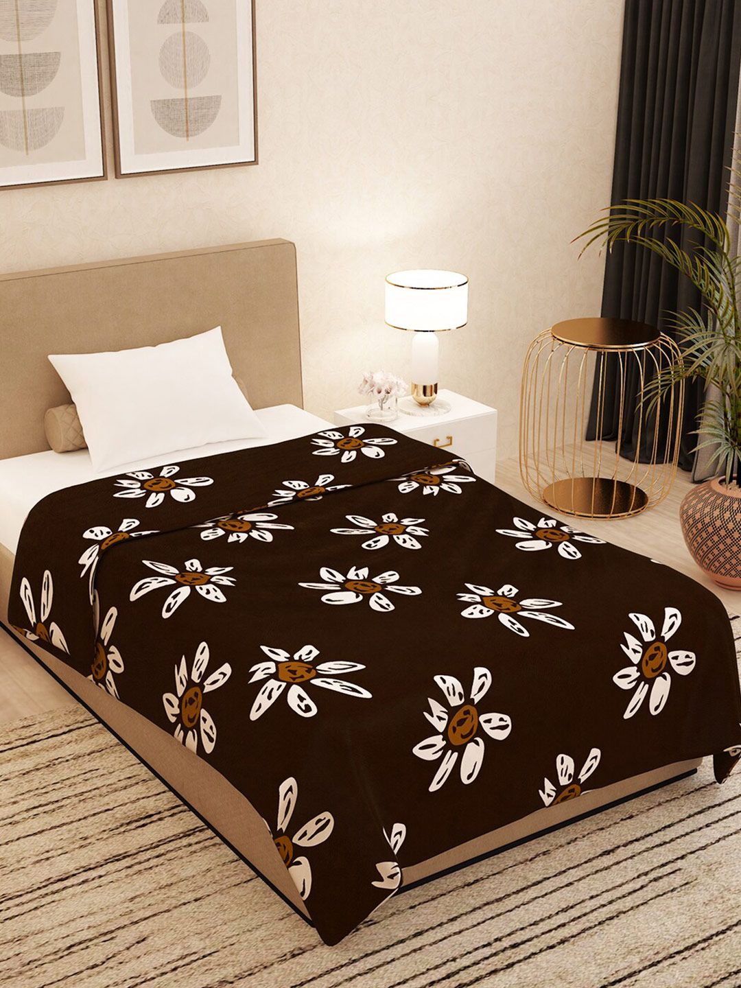 Story@home Brown & White Floral AC Room 300 GSM Single Bed Blanket Price in India