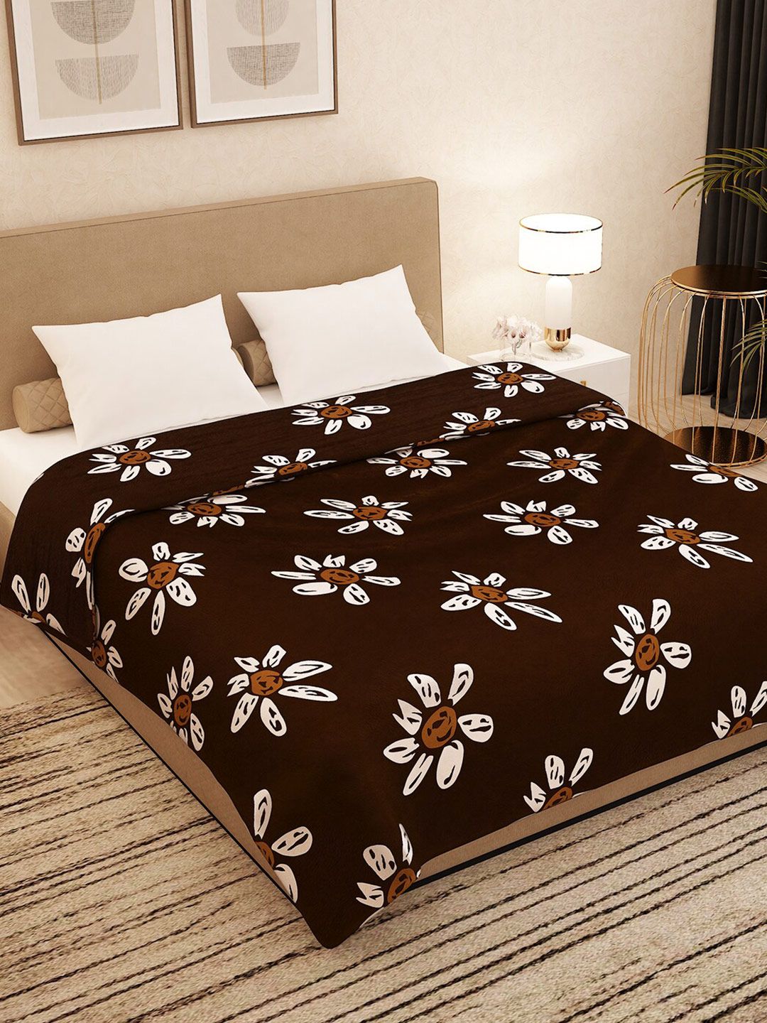 Story@home Brown & White Floral AC Room 300 GSM Double Bed Blanket Price in India
