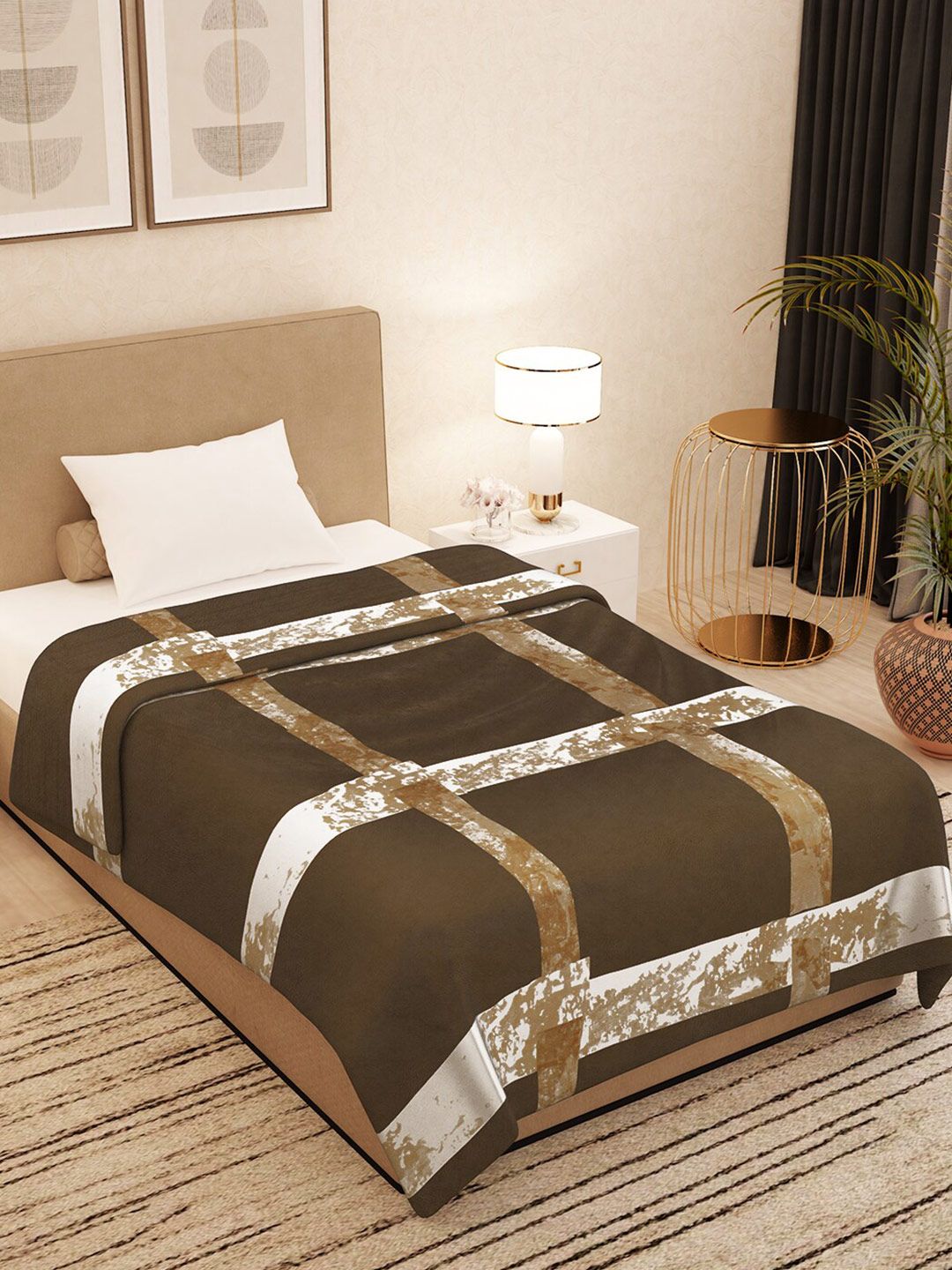Story@home Brown & White Checked AC Room 300 GSM Single Bed Blanket Price in India