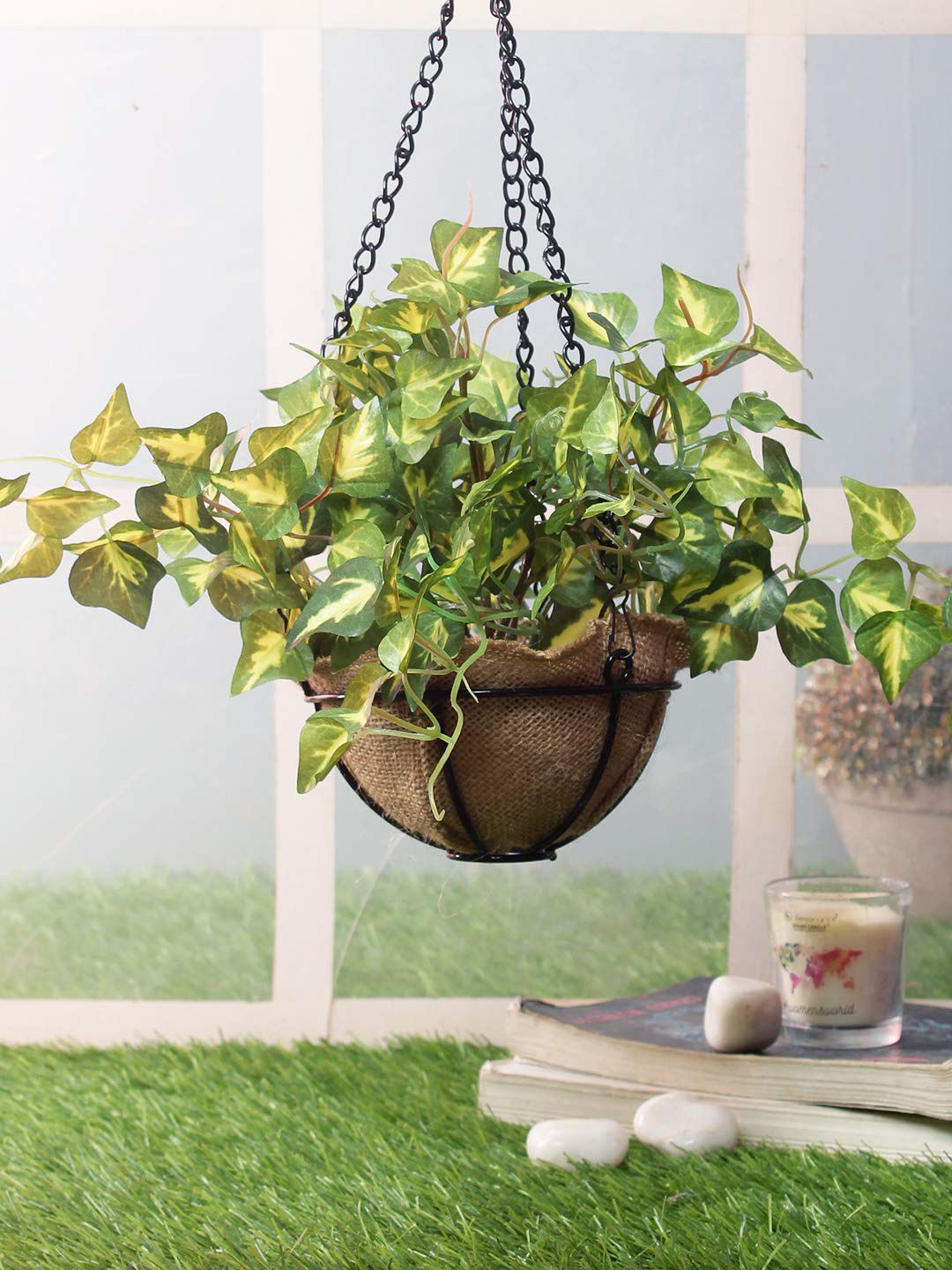 PolliNation Green Artificial Ivy Creeper in Jute Basket with Hanging Metal Stand Price in India