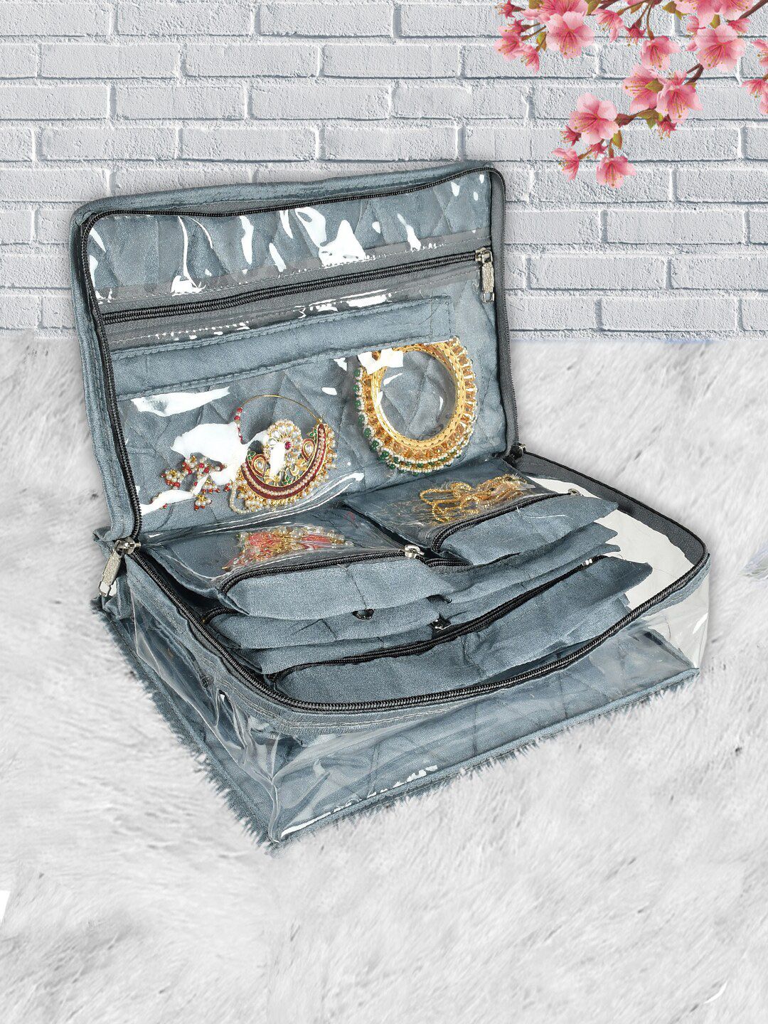 Kuber Industries Grey Solid Jewellery Organizer With 13 Transparent Pouches Price in India