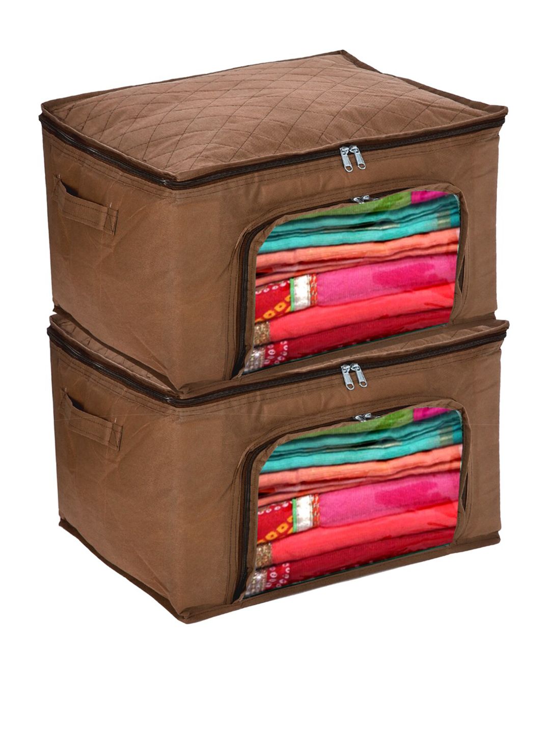 Kuber Industries Set Of 2 Brown Solid Saree Organizers With Transparent Window Price in India
