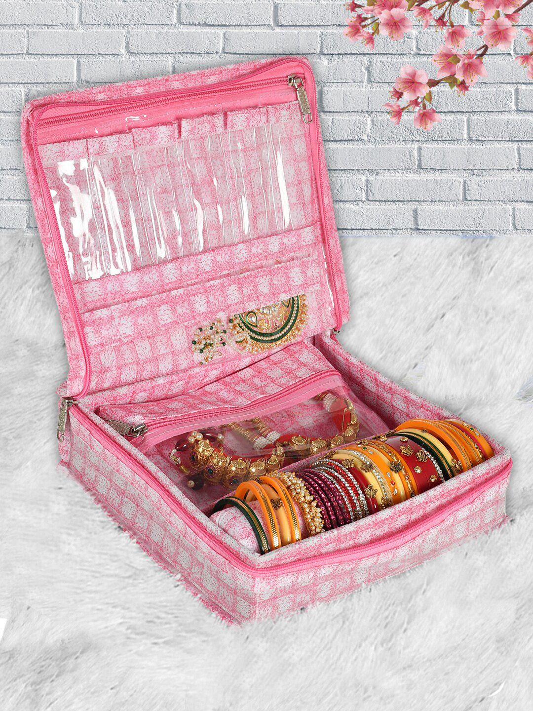 Kuber Industries Pink & White Checked Water-Resistant Jewellery Organiser Price in India
