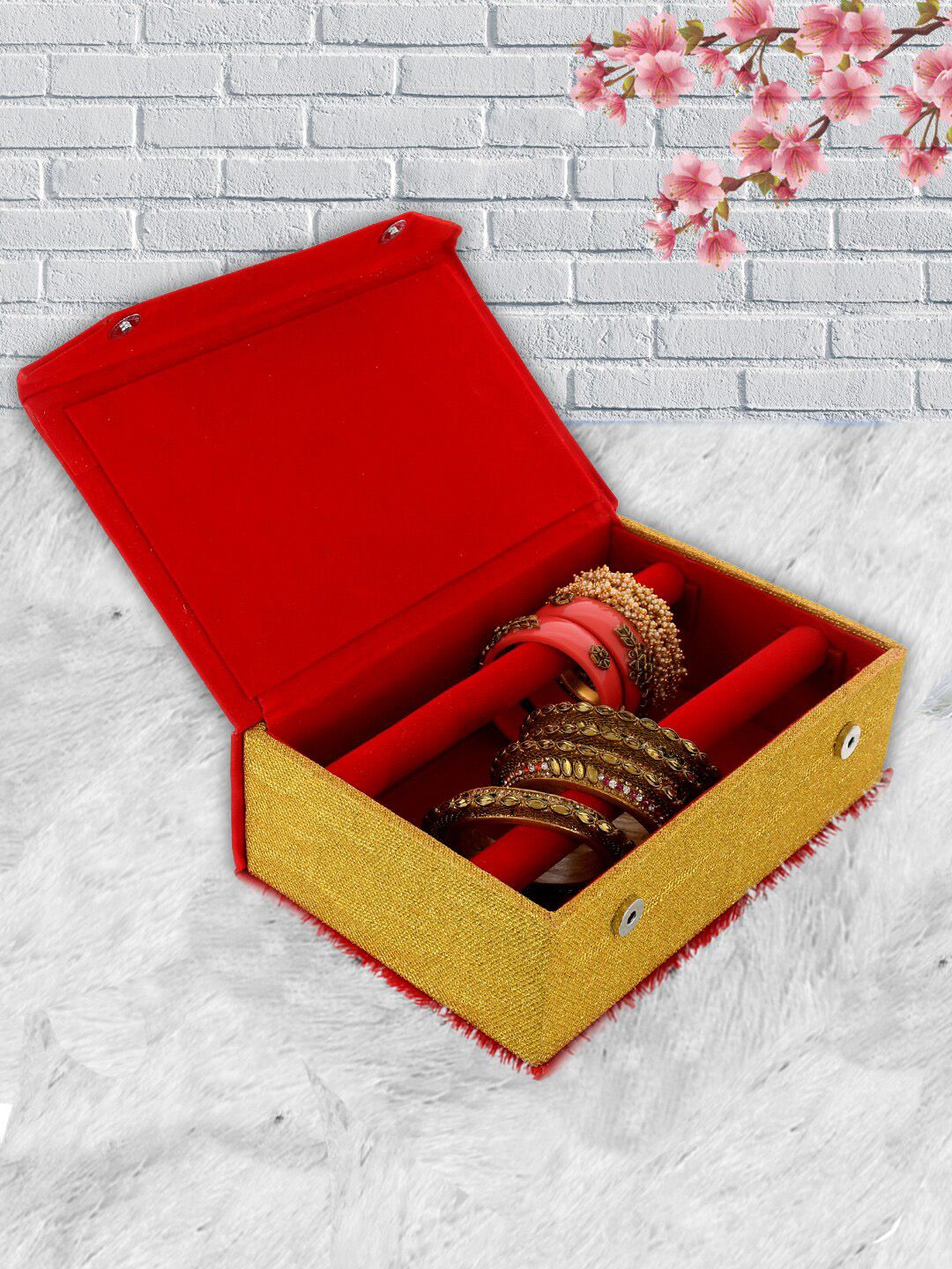 Kuber Industries Red & Gold-Coloured Velvet Coated Wooden 2 Rod Bangle Box Price in India