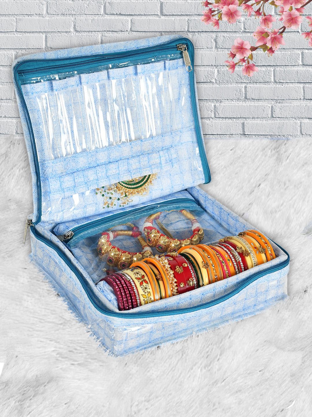Kuber Industries Blue & White Checked Jewellery Box with 4 Transparent Pouches & 1 Bangle Rod Price in India