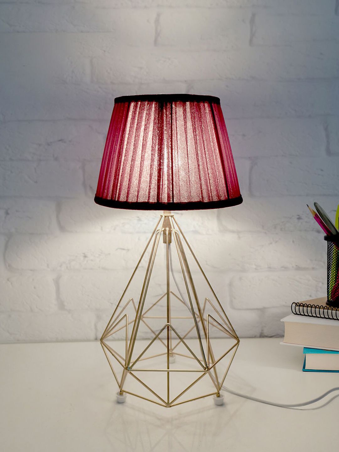 Fos Lighting Gold-Toned & Red Contemporary Table Lamp Price in India