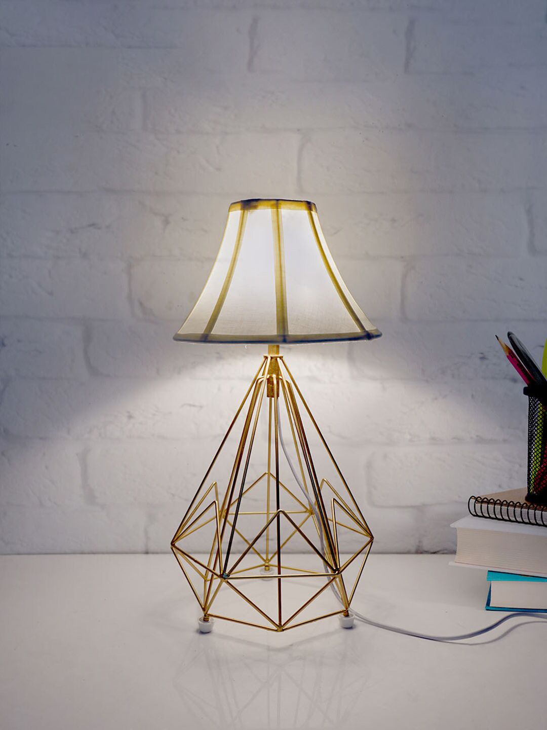 Fos Lighting Gold-Toned & Grey Textured Contemporary Table Lamp Price in India