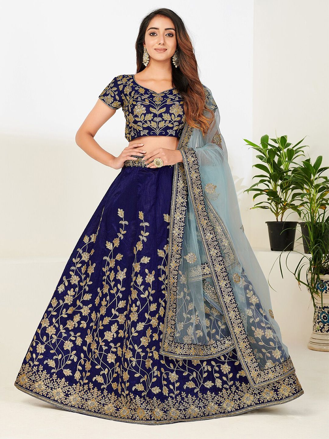 SHOPGARB Navy Blue & Gold-Toned Embroidered Semi-Stitched Lehenga & Unstitched Blouse With Dupatta