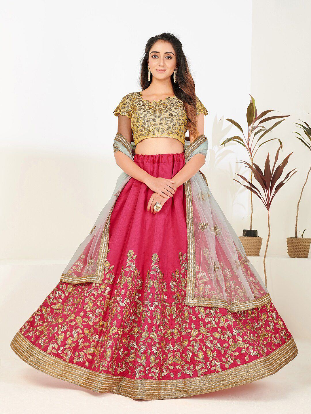 SHOPGARB Pink & Yellow Embellished Zardozi Semi-Stitched Lehenga & Unstitched Blouse With Dupatta Price in India
